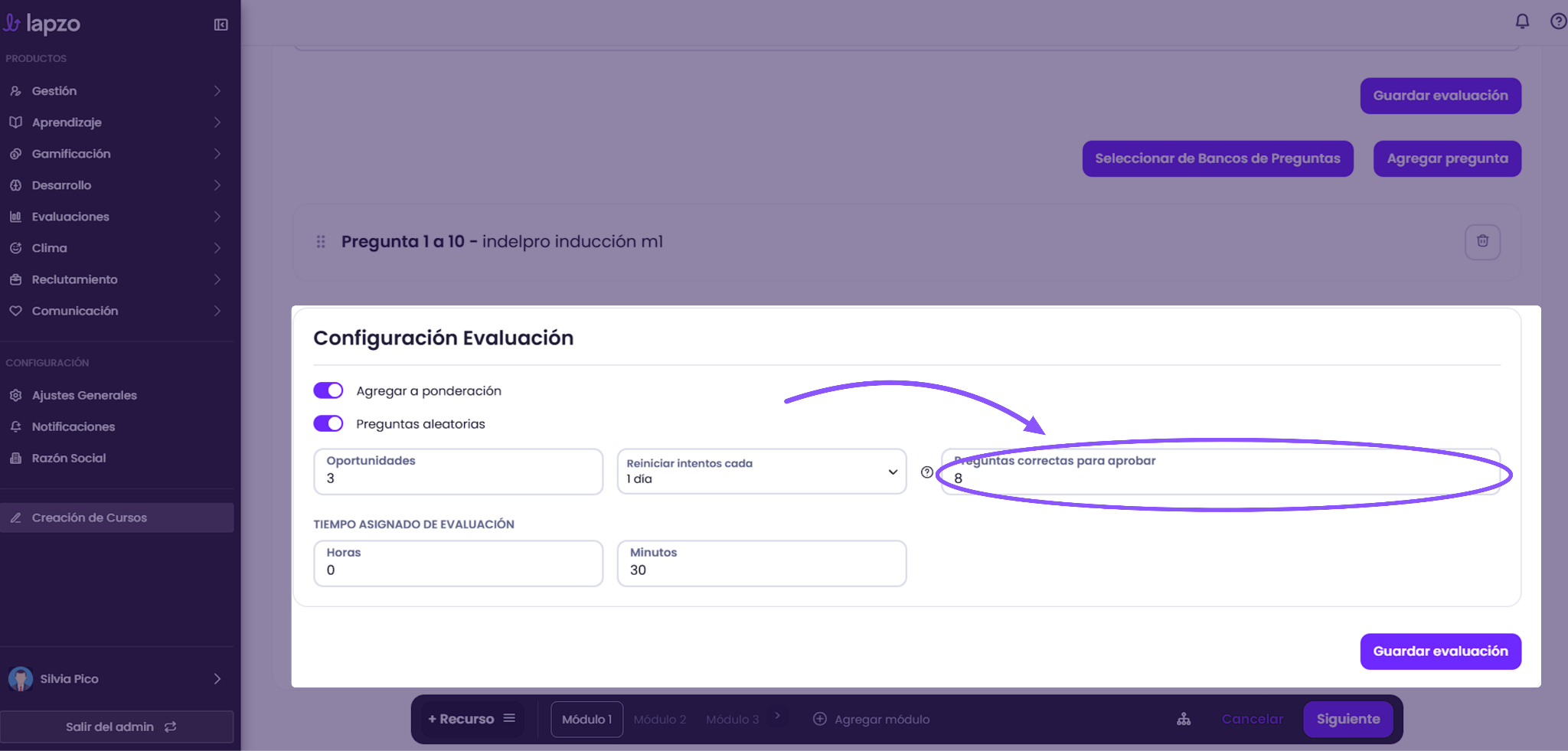 Cómo configurar la cantidad de preguntas para aprobar una evaluación - paso 4