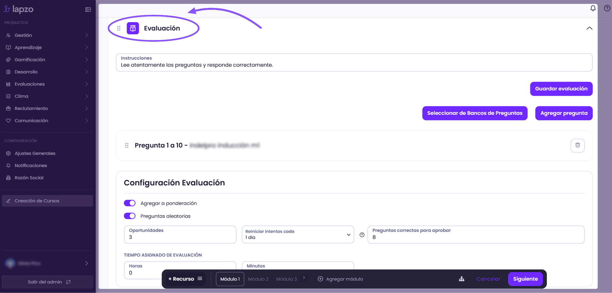 Cómo configurar la cantidad de preguntas para aprobar una evaluación - paso 4