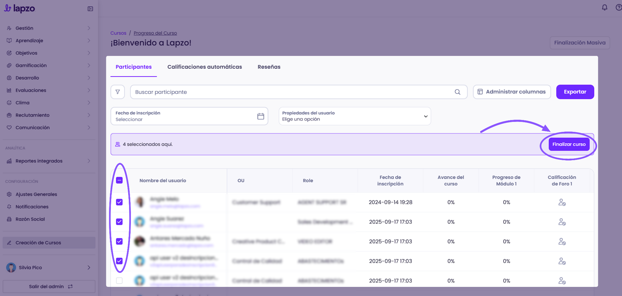 Cómo finalizar cursos de forma masiva - paso 4