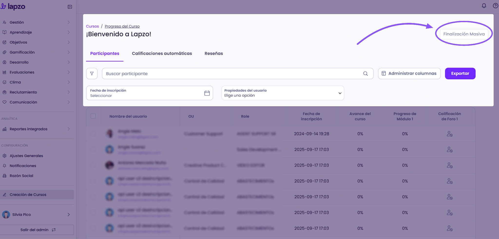 Cómo finalizar cursos de forma masiva - paso 2