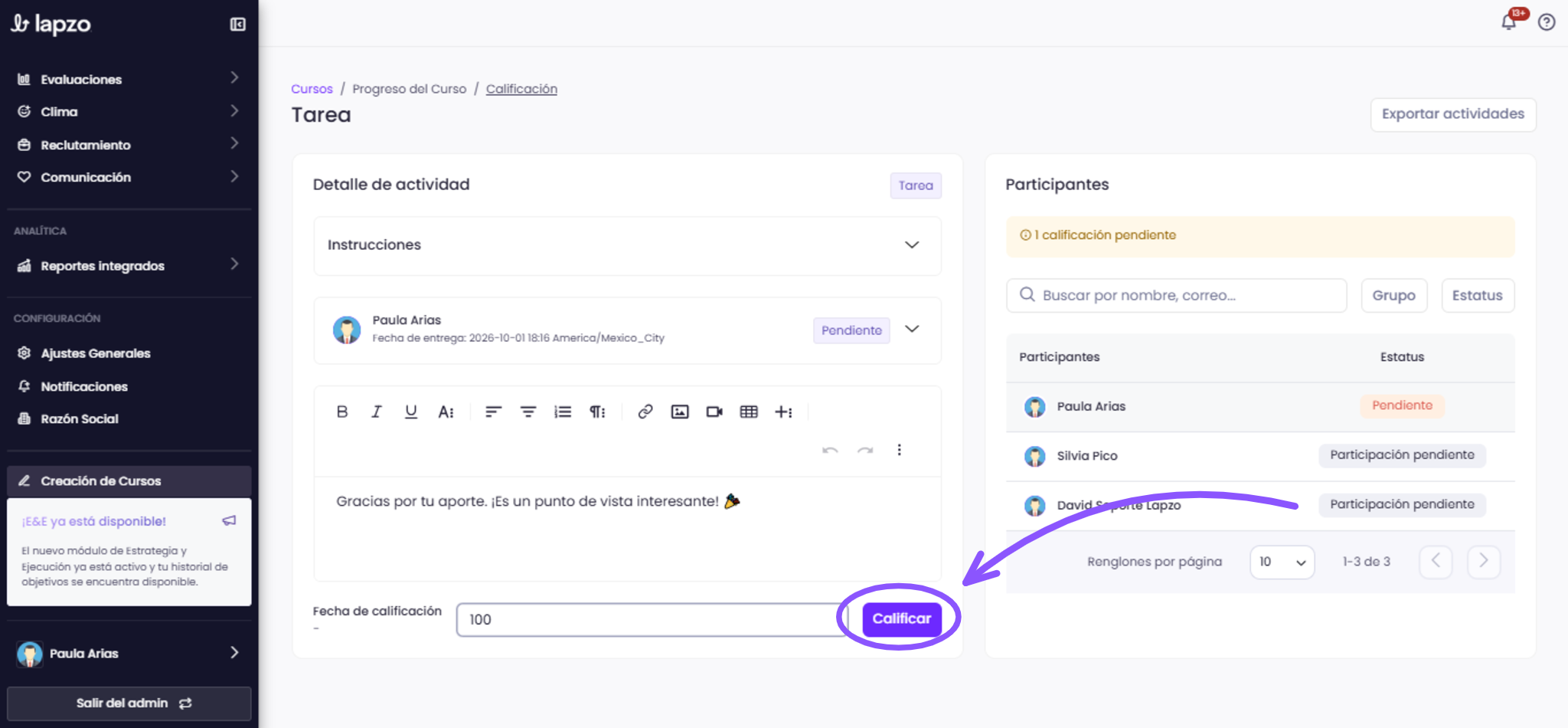 Cómo calificar manualmente actividades desde el panel de instructor - paso 4