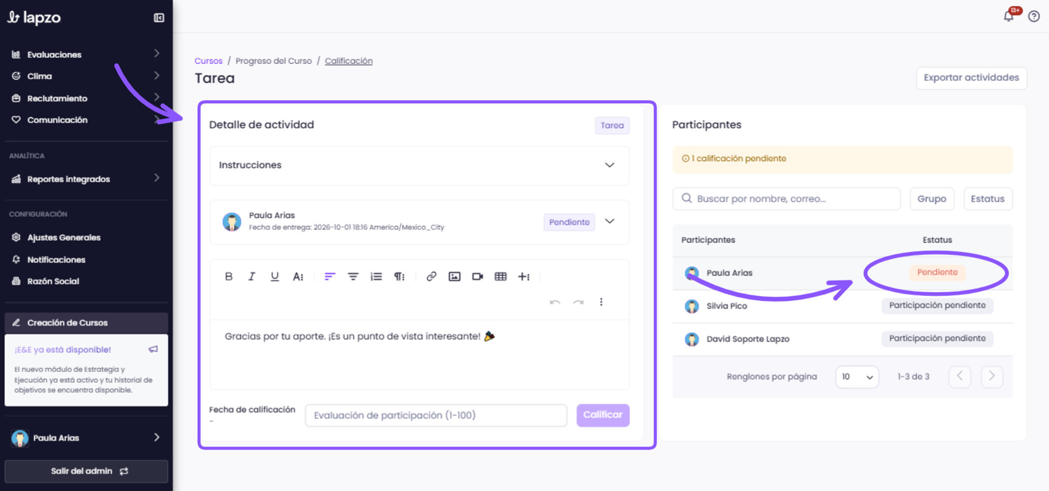 Cómo calificar manualmente actividades desde el panel de instructor - paso 3