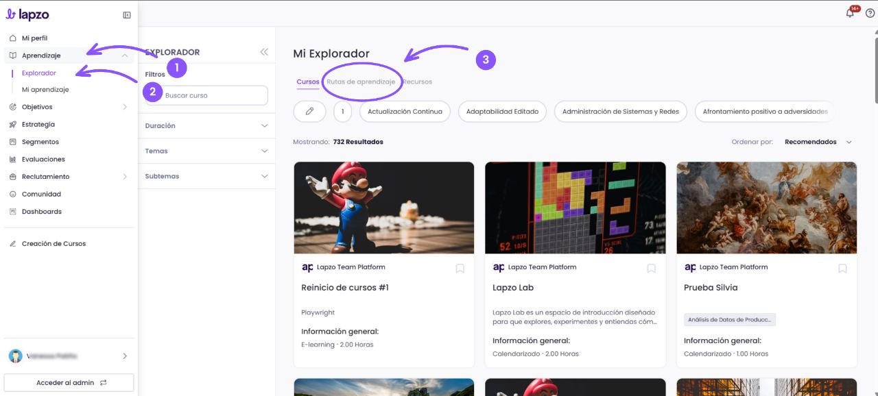 Cómo encontrar e inscribirte a una ruta de aprendizaje (LP) desde el Explorador de Cursos - paso 1