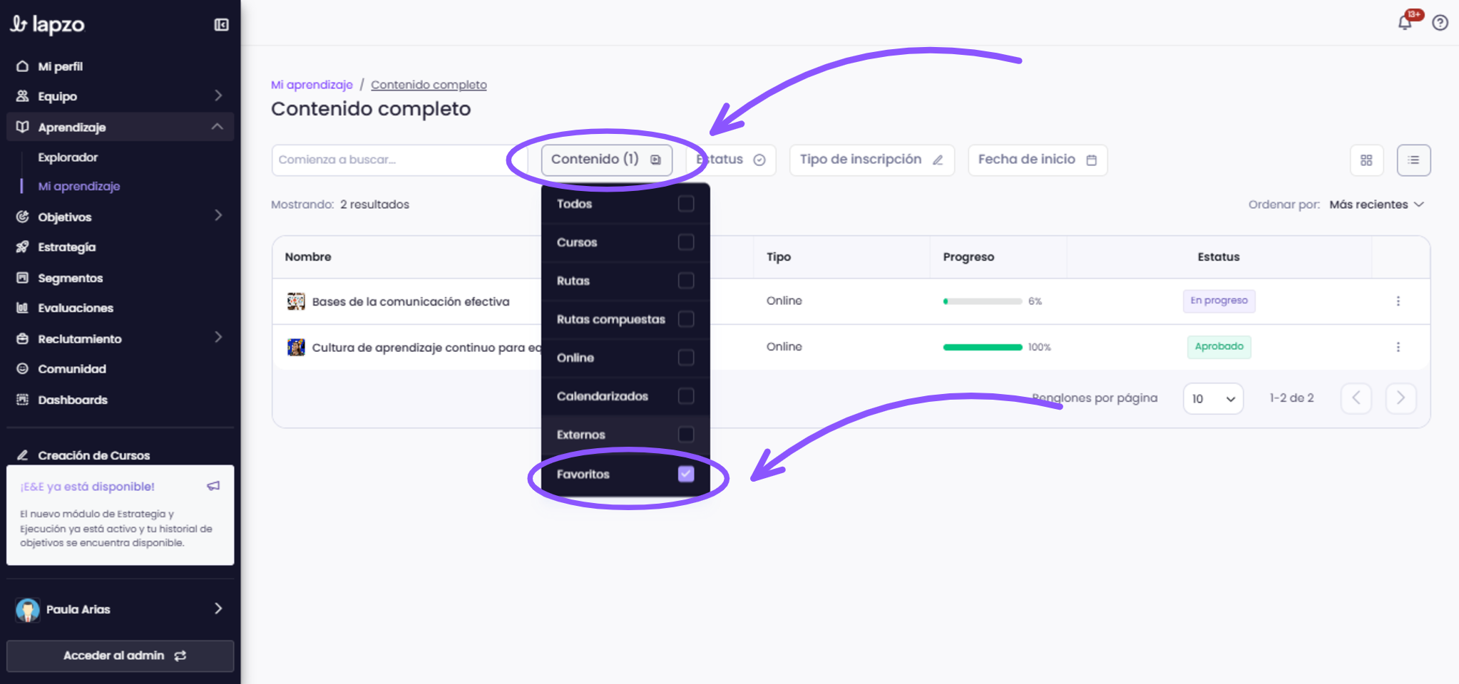 Auto-desinscripción y Favoritos en Mi Aprendizaje - paso 4