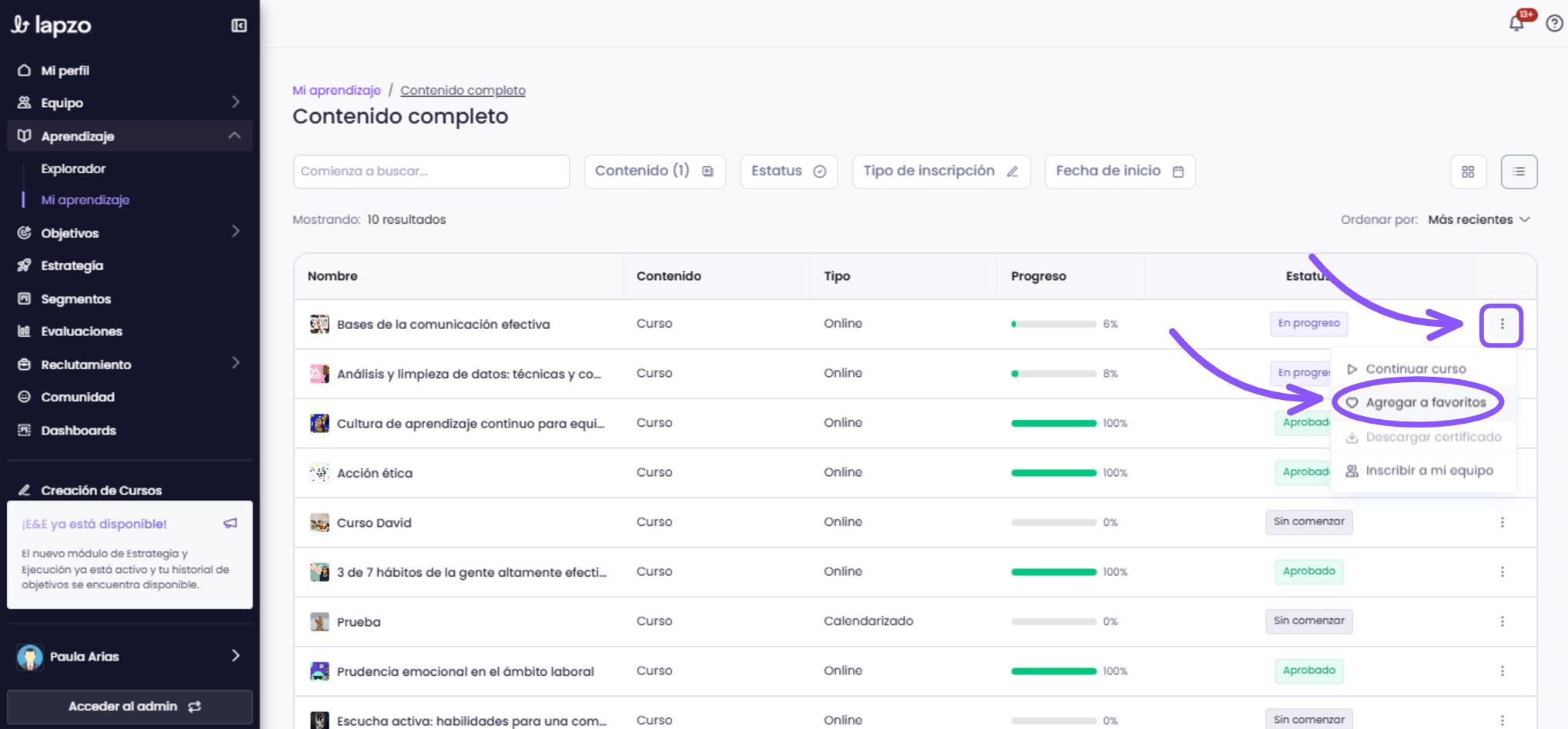 Auto-desinscripción y Favoritos en Mi Aprendizaje - paso 3