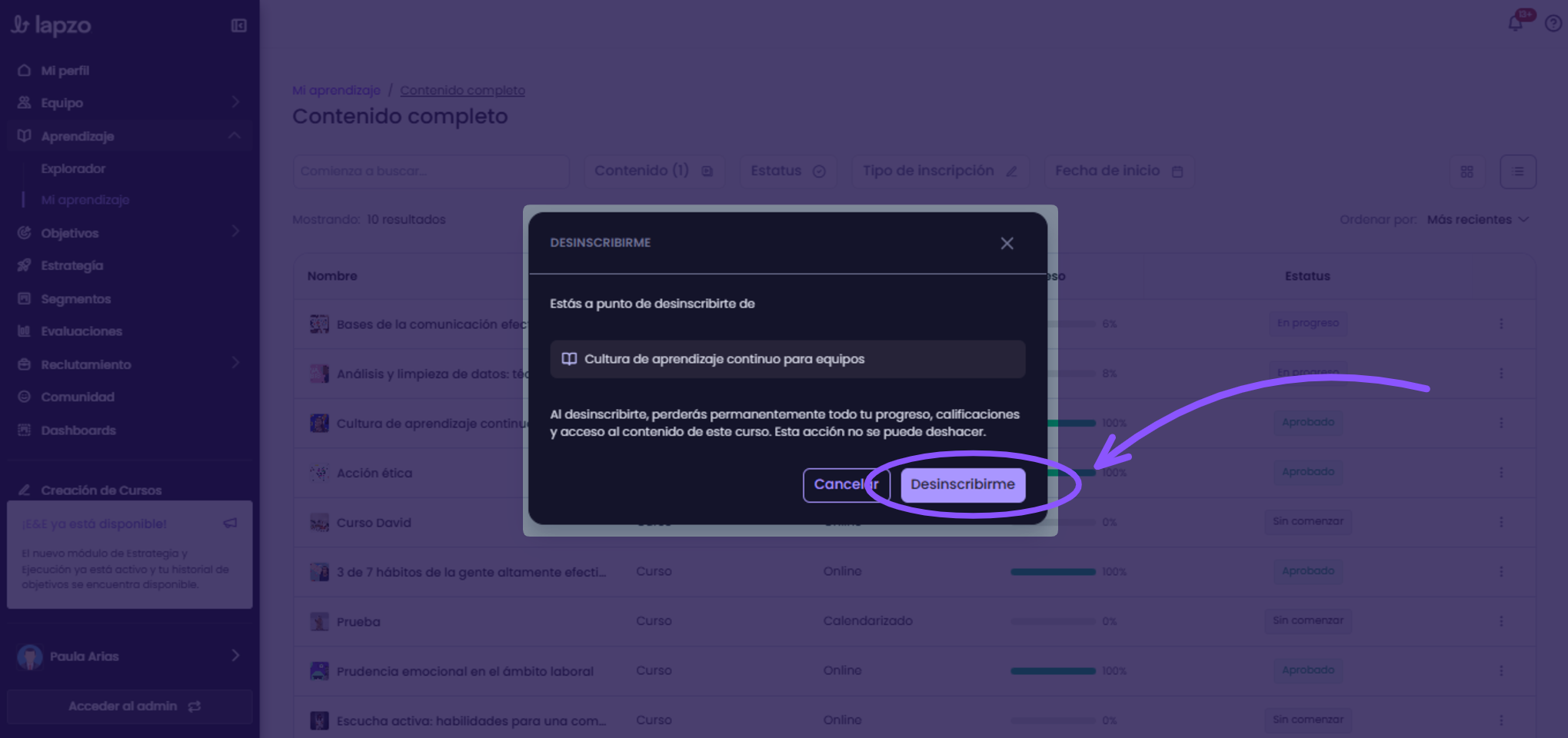 Auto-desinscripción y Favoritos en Mi Aprendizaje - paso 2