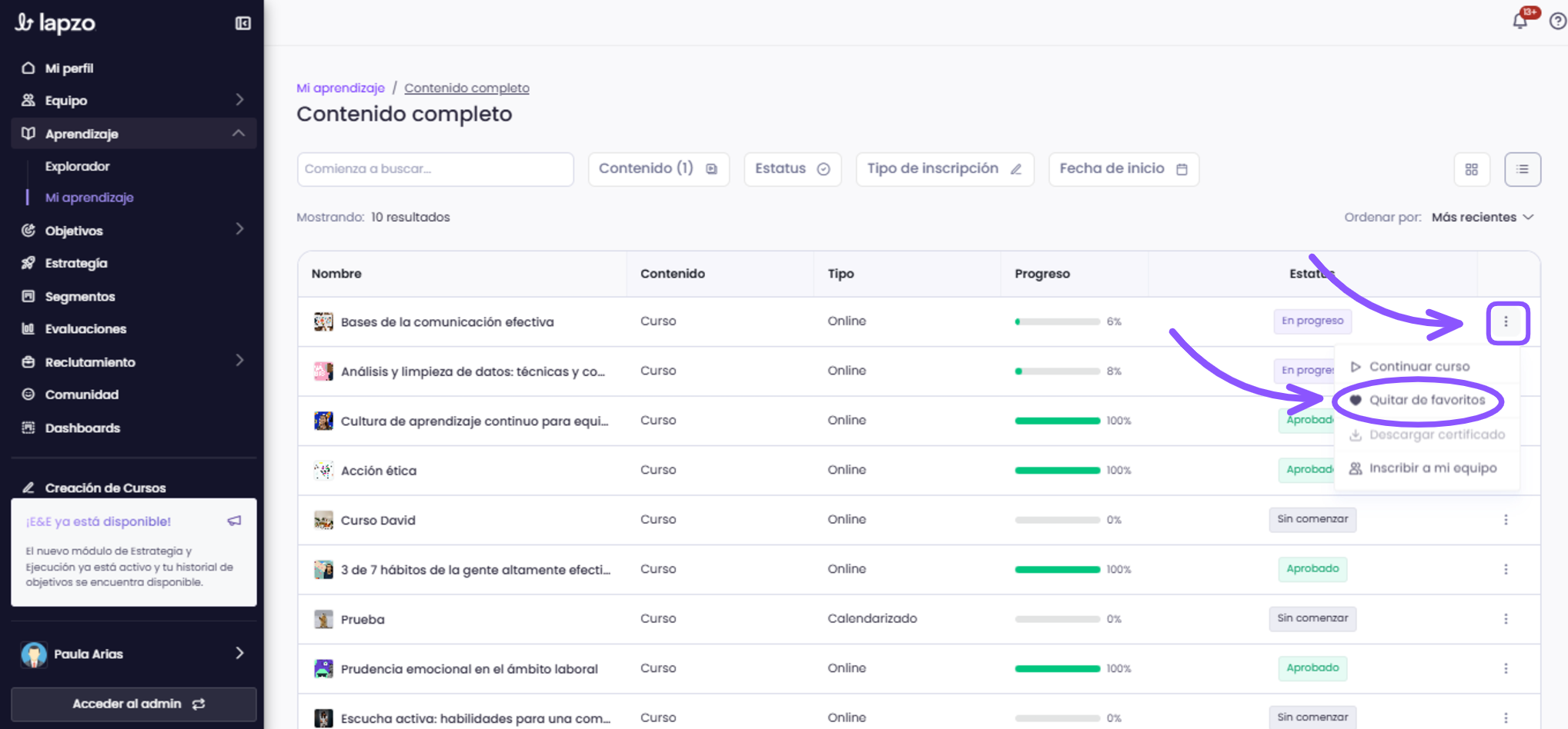 Auto-desinscripción y Favoritos en Mi Aprendizaje - paso 3