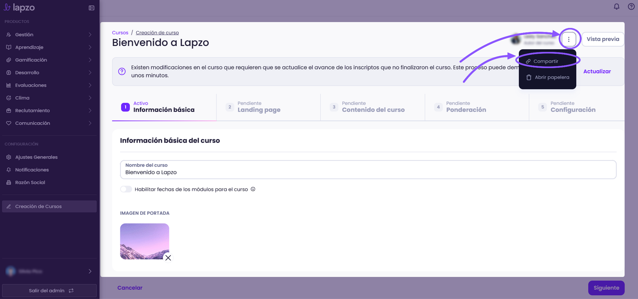 Cómo obtener el enlace oficial para compartir un curso - paso 3