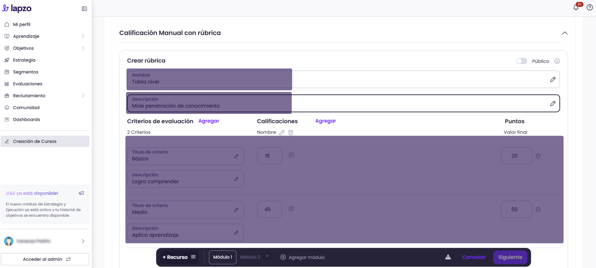 Cómo configurar evaluaciones presenciales con rúbrica - paso 5