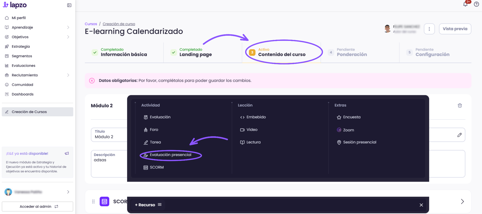 Cómo configurar evaluaciones presenciales con rúbrica - paso 2