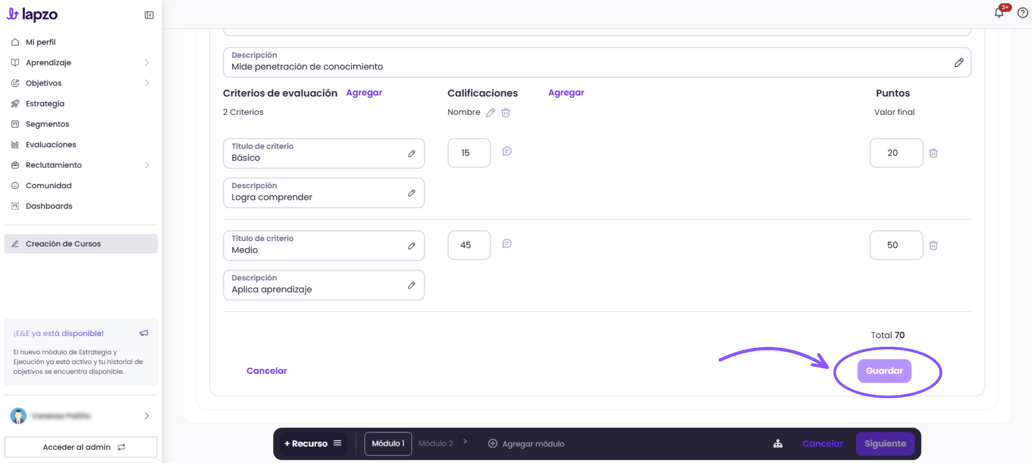 Cómo configurar evaluaciones presenciales con rúbrica - paso 6