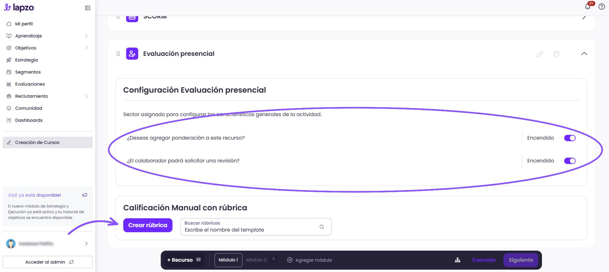 Cómo configurar evaluaciones presenciales con rúbrica - paso 3