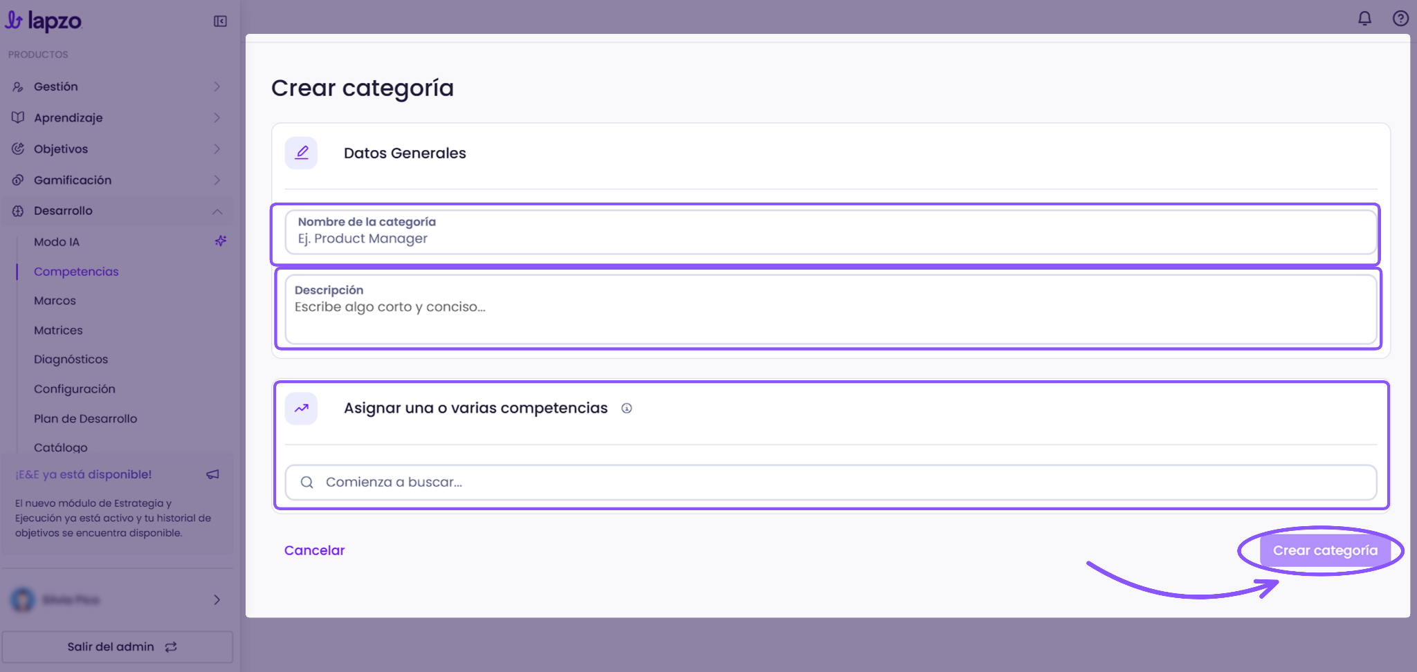 Cómo crear y gestionar competencias en Lapzo - paso 3