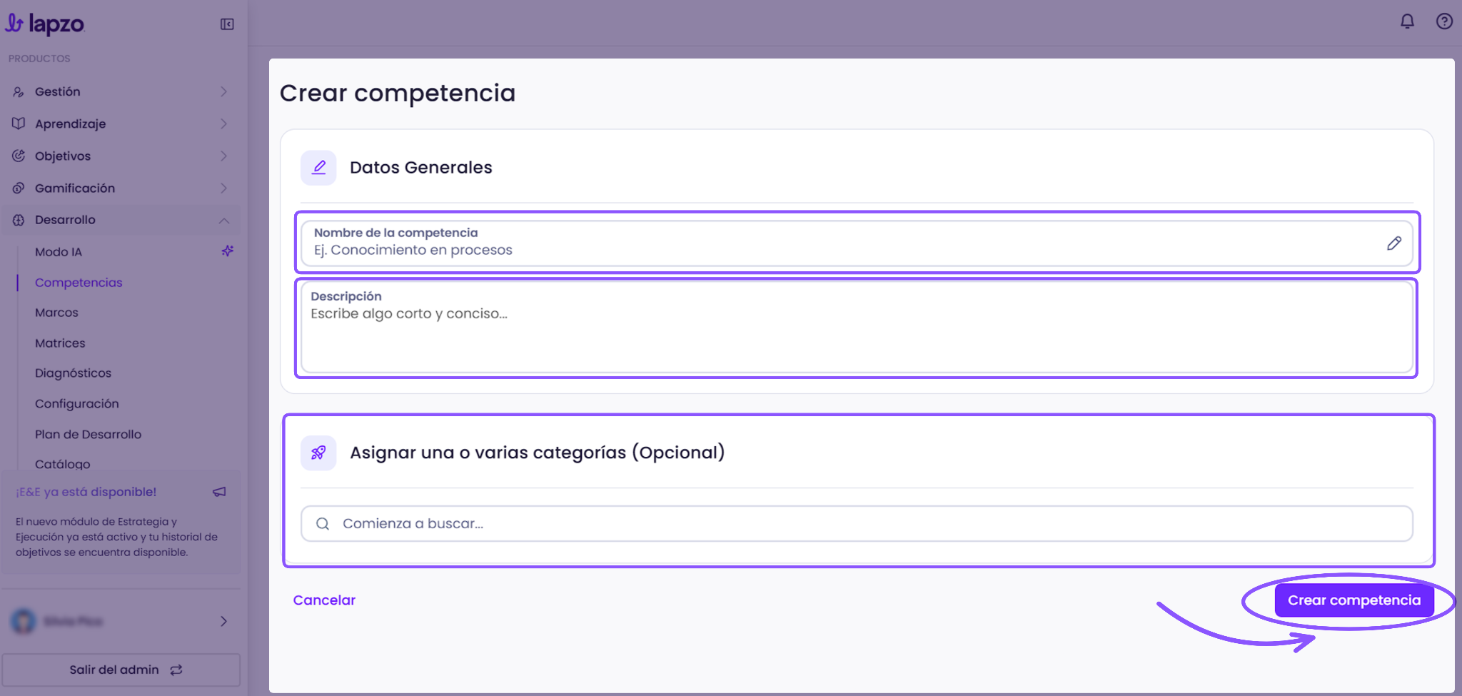 Cómo crear y gestionar competencias en Lapzo - paso 4