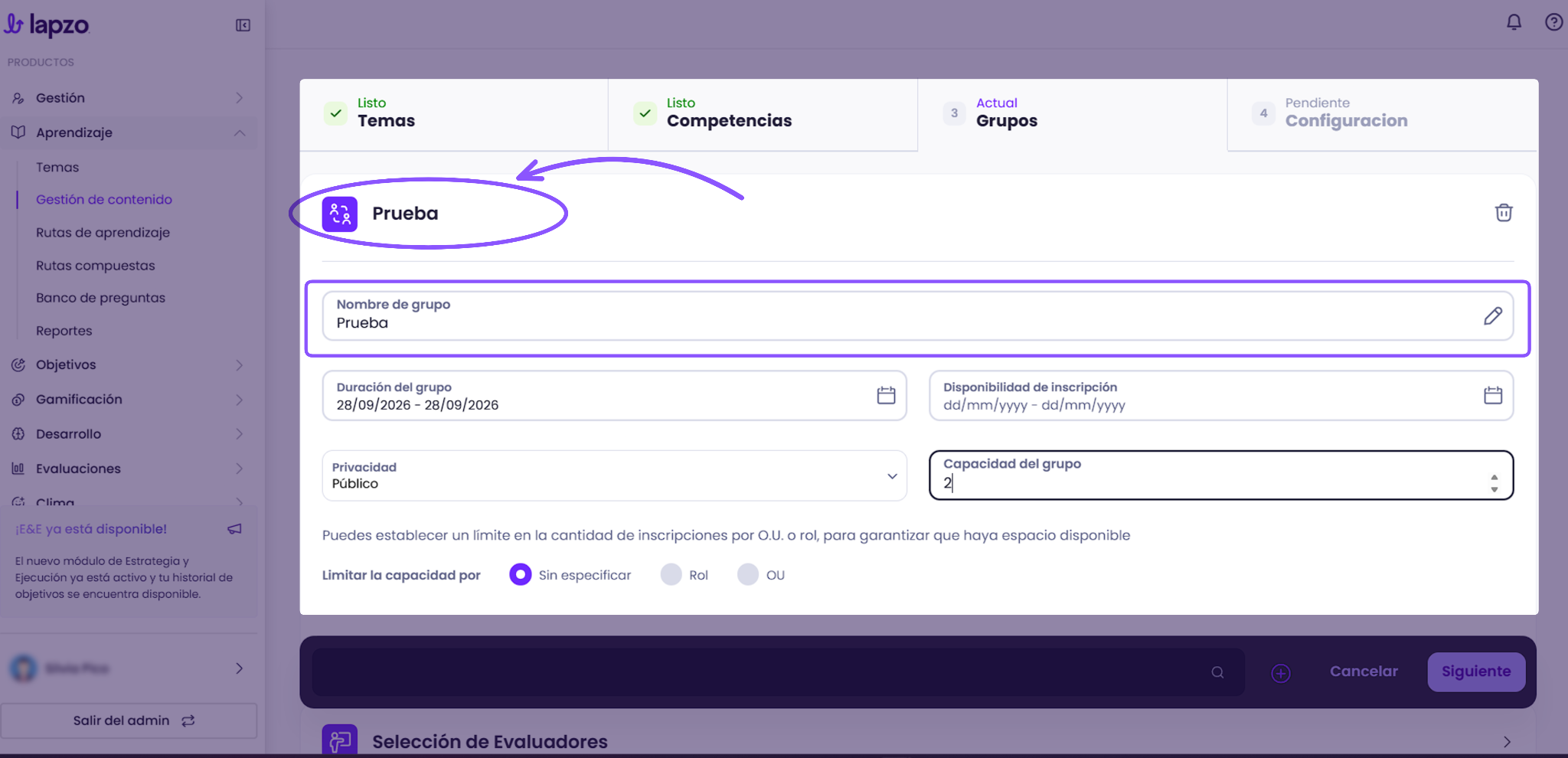 Cómo gestionar grupos de colaboradores en un curso en Lapzo - paso 5