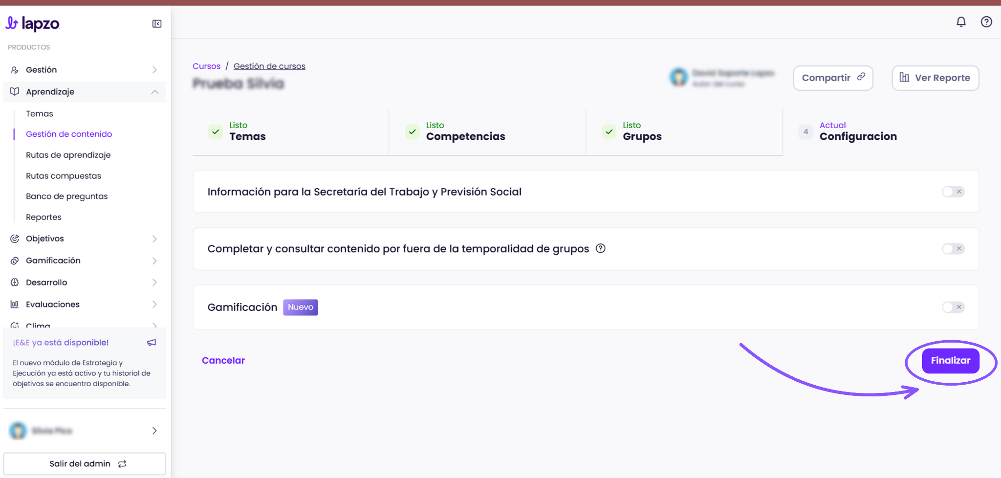Cómo gestionar grupos de colaboradores en un curso en Lapzo - paso 10