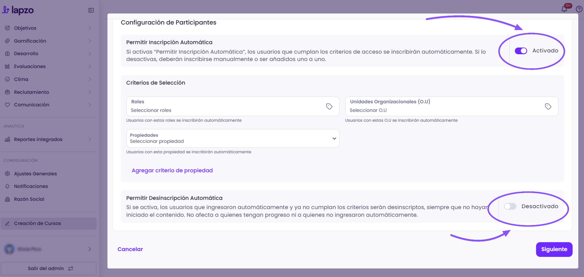 Cómo activar la desinscripción automática de contenidos - paso 3